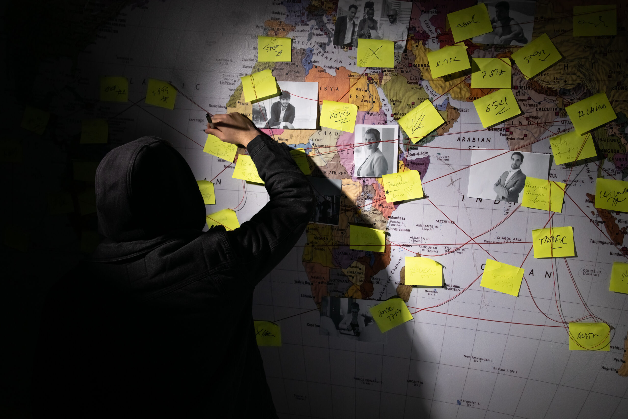 back view man planning hacker attack dark room man writing wall with stickers photographs red threads planning conspiracy hacking concept scaled