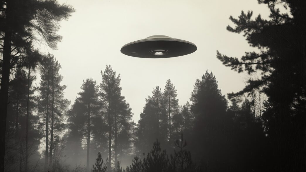 mysterious ufo hovers misty forest monochromatic vintage style photo shows flying saucer