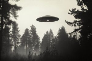 mysterious ufo hovers misty forest monochromatic vintage style photo shows flying saucer