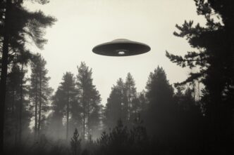 mysterious ufo hovers misty forest monochromatic vintage style photo shows flying saucer
