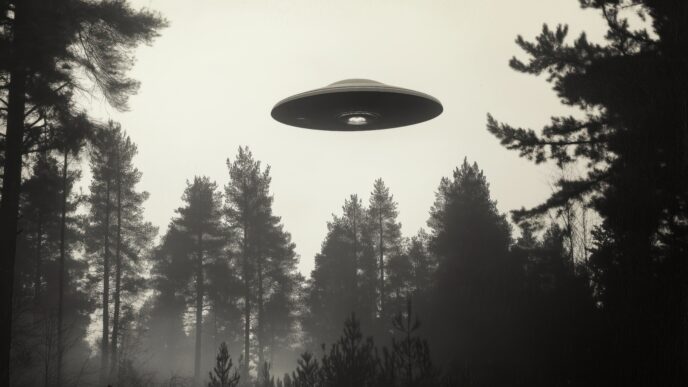 mysterious ufo hovers misty forest monochromatic vintage style photo shows flying saucer